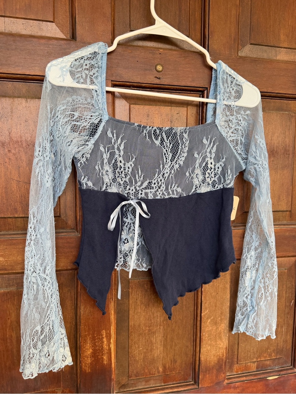 Y2K Navy Top with Light Blue Lace Trim